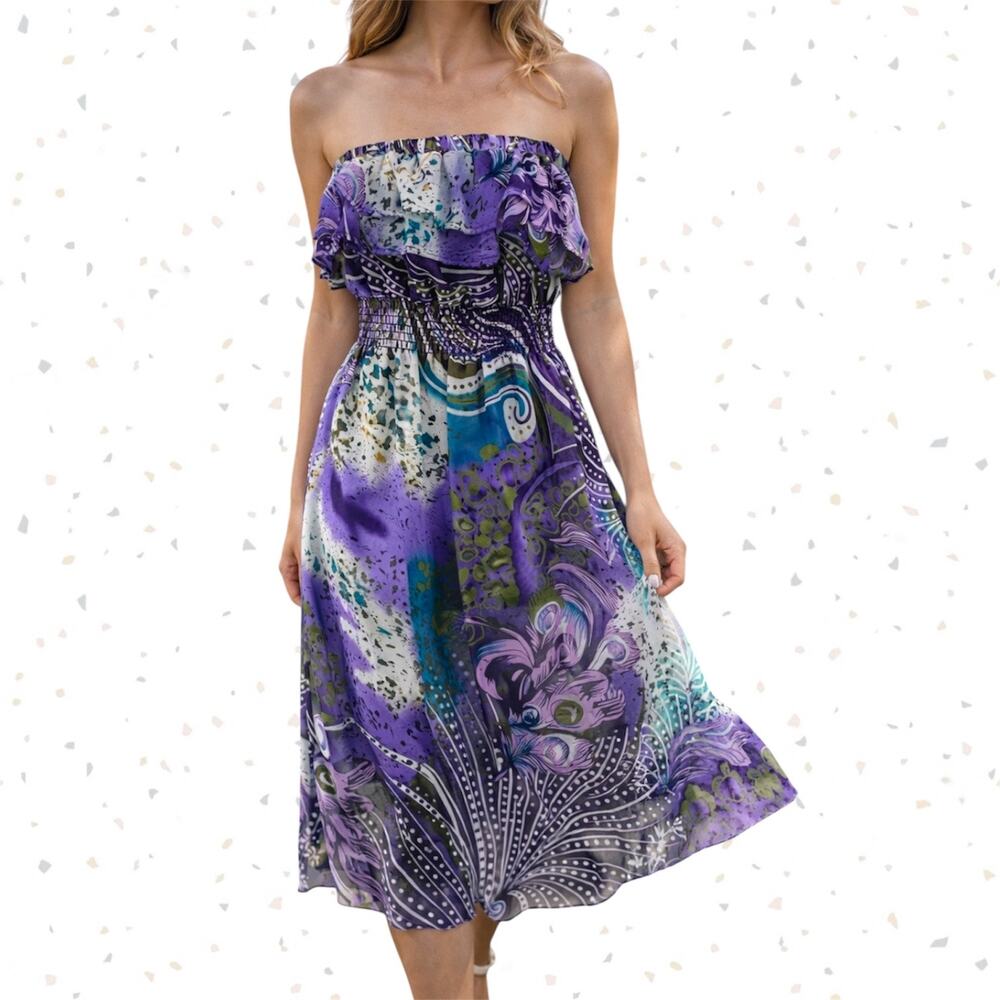 Ariella Purple Floral Printed Chiffon Dress Strapless Elasticized Stretchy Lined